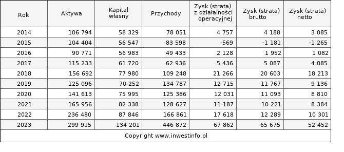 Jednostkowe wyniki roczne SYNEKTIK (w tys. zł.)