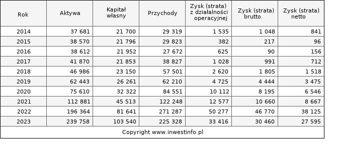 Jednostkowe wyniki roczne SUNEX (w tys. zł.)
