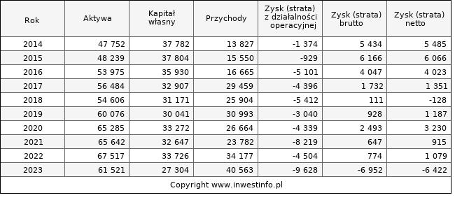 Jednostkowe wyniki roczne PROTEKTOR (w tys. zł.)