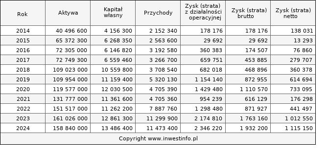 Jednostkowe wyniki roczne BNPPPL (w tys. zł.)