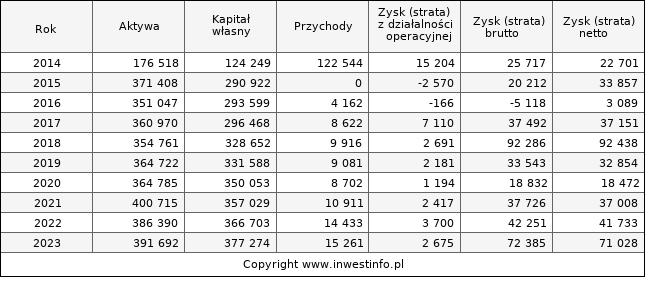 Jednostkowe wyniki roczne MANGATA (w tys. zł.)