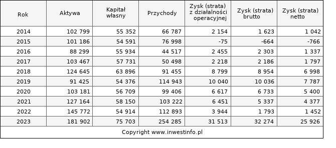 Jednostkowe wyniki roczne SYNEKTIK (w tys. zł.)