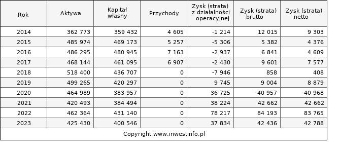 Jednostkowe wyniki roczne WIRTUALNA (w tys. zł.)