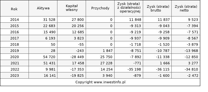 Jednostkowe wyniki roczne AIGAMES (w tys. zł.)