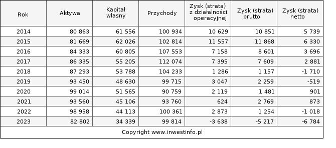 Jednostkowe wyniki roczne PROTEKTOR (w tys. zł.)