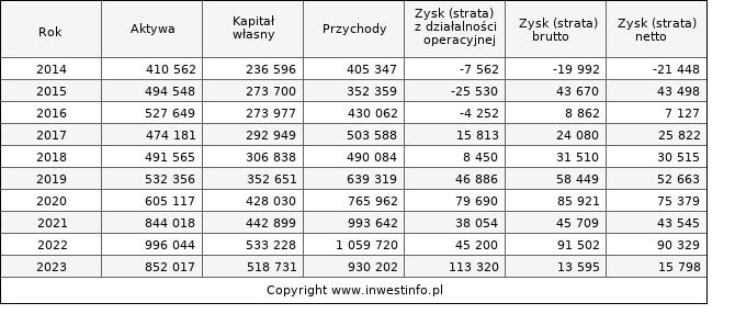 Jednostkowe wyniki roczne SELENAFM (w tys. zł.)