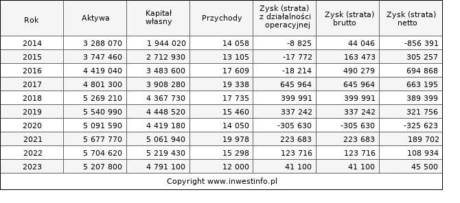 Jednostkowe wyniki roczne GTC (w tys. zł.)