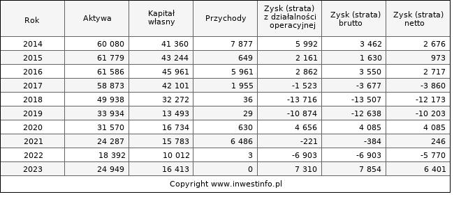 Jednostkowe wyniki roczne NTCAPITAL (w tys. zł.)