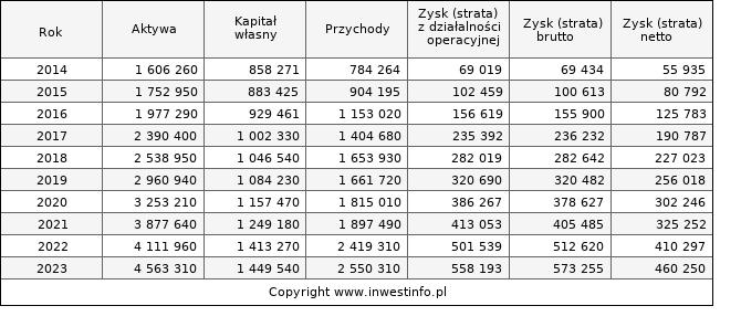 Jednostkowe wyniki roczne DOMDEV (w tys. zł.)