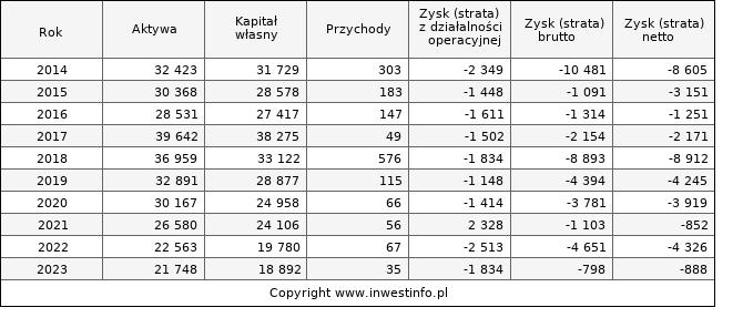 Jednostkowe wyniki roczne SKYLINE (w tys. zł.)