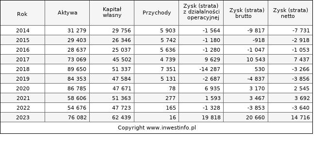 Jednostkowe wyniki roczne SKYLINE (w tys. zł.)