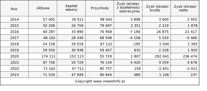 Jednostkowe wyniki roczne OPTEAM (w tys. zł.)