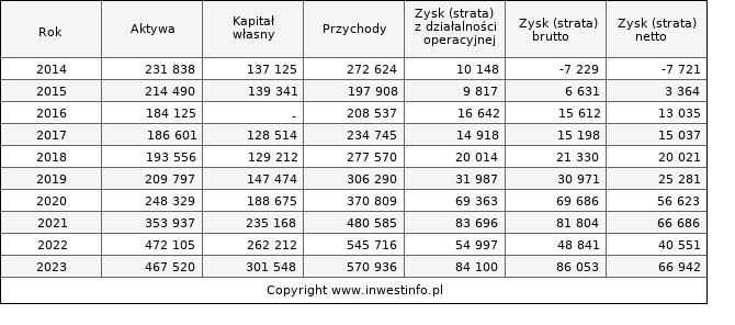 Jednostkowe wyniki roczne DECORA (w tys. zł.)