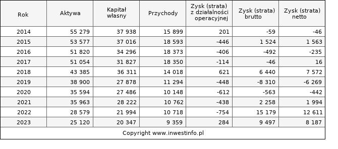 Jednostkowe wyniki roczne K2HOLDING (w tys. zł.)